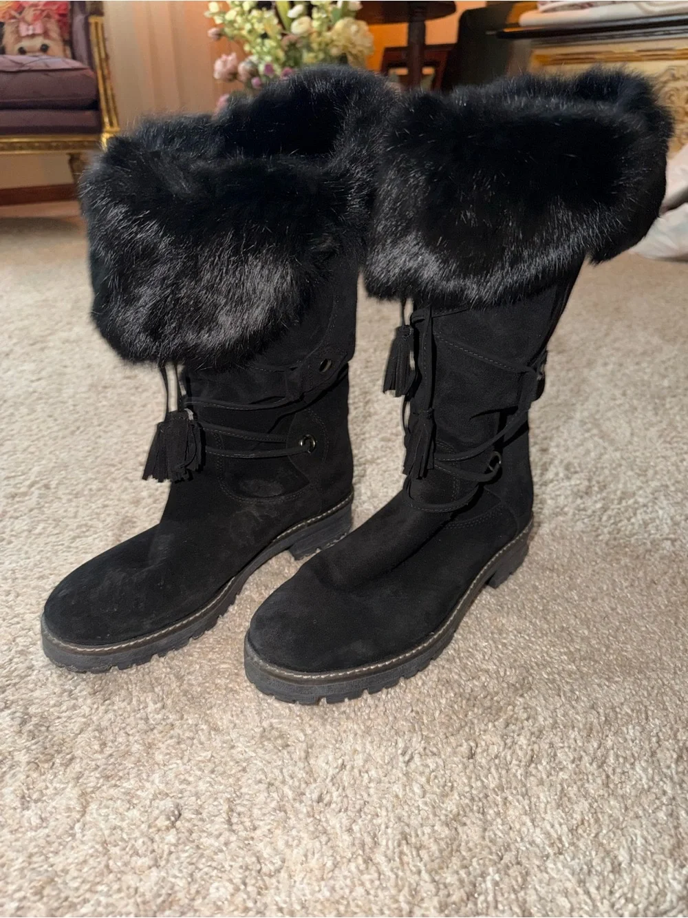 Black Faux Fur Fold-Over Winter Boots - Women